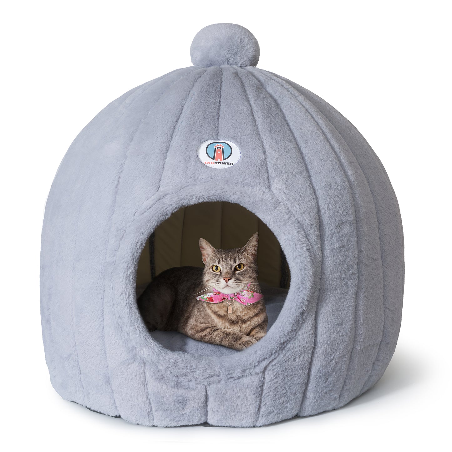 TAILTOWER: Cozy Cat Dome Bed – Luxurious, Eco-Friendly Plush Cave + Free Bowtie