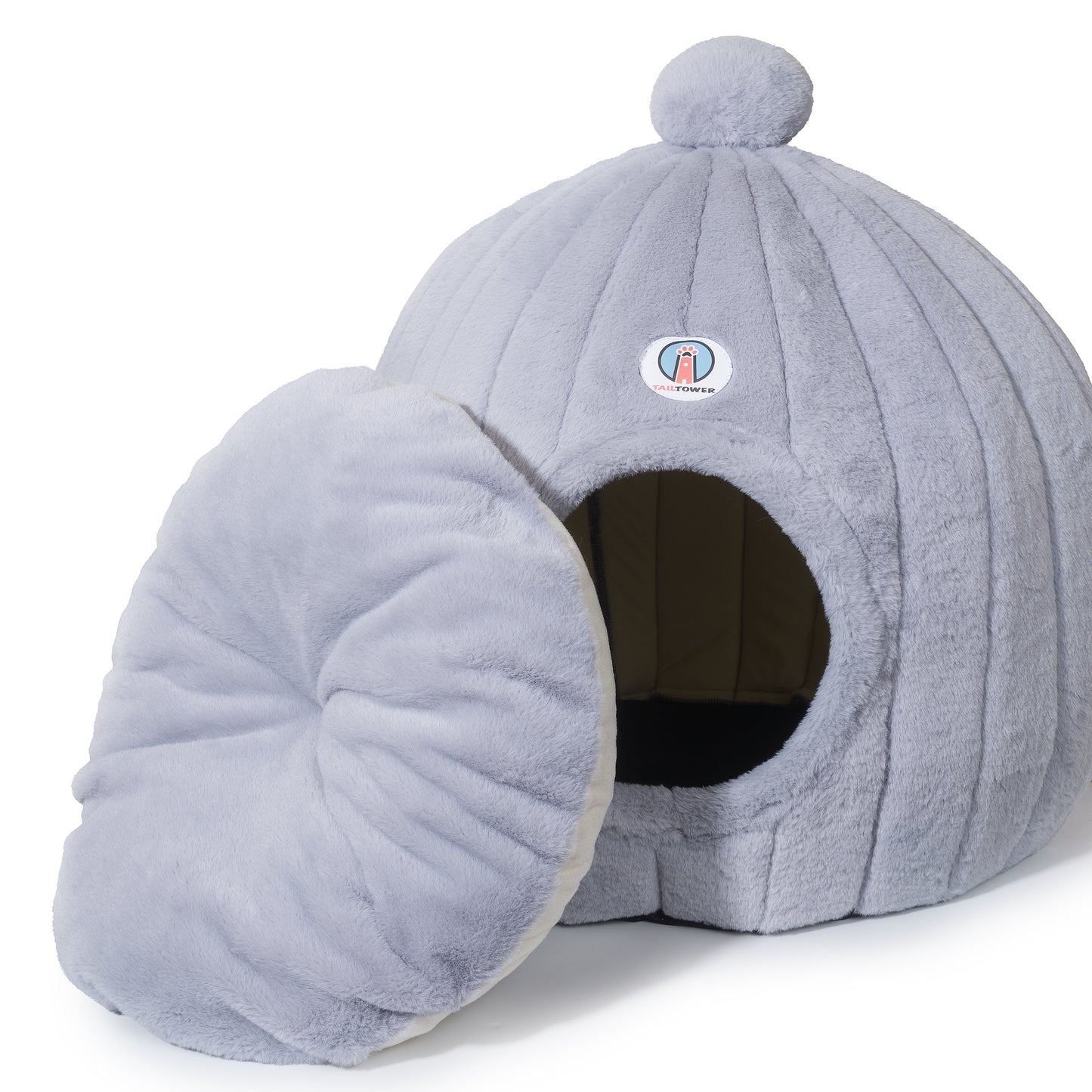TAILTOWER: Cozy Cat Dome Bed – Luxurious, Eco-Friendly Plush Cave + Free Bowtie