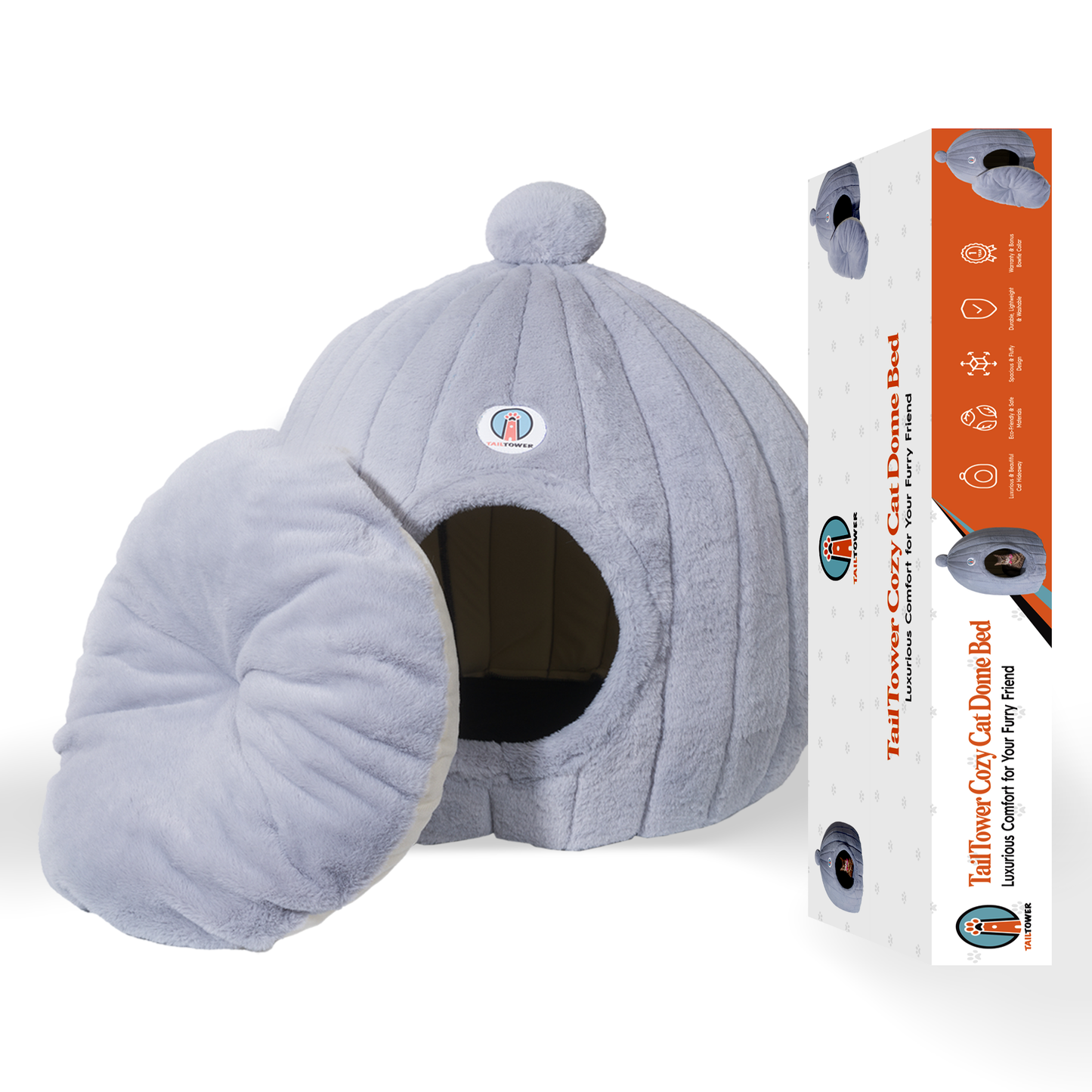 TAILTOWER: Cozy Cat Dome Bed – Luxurious, Eco-Friendly Plush Cave + Free Bowtie