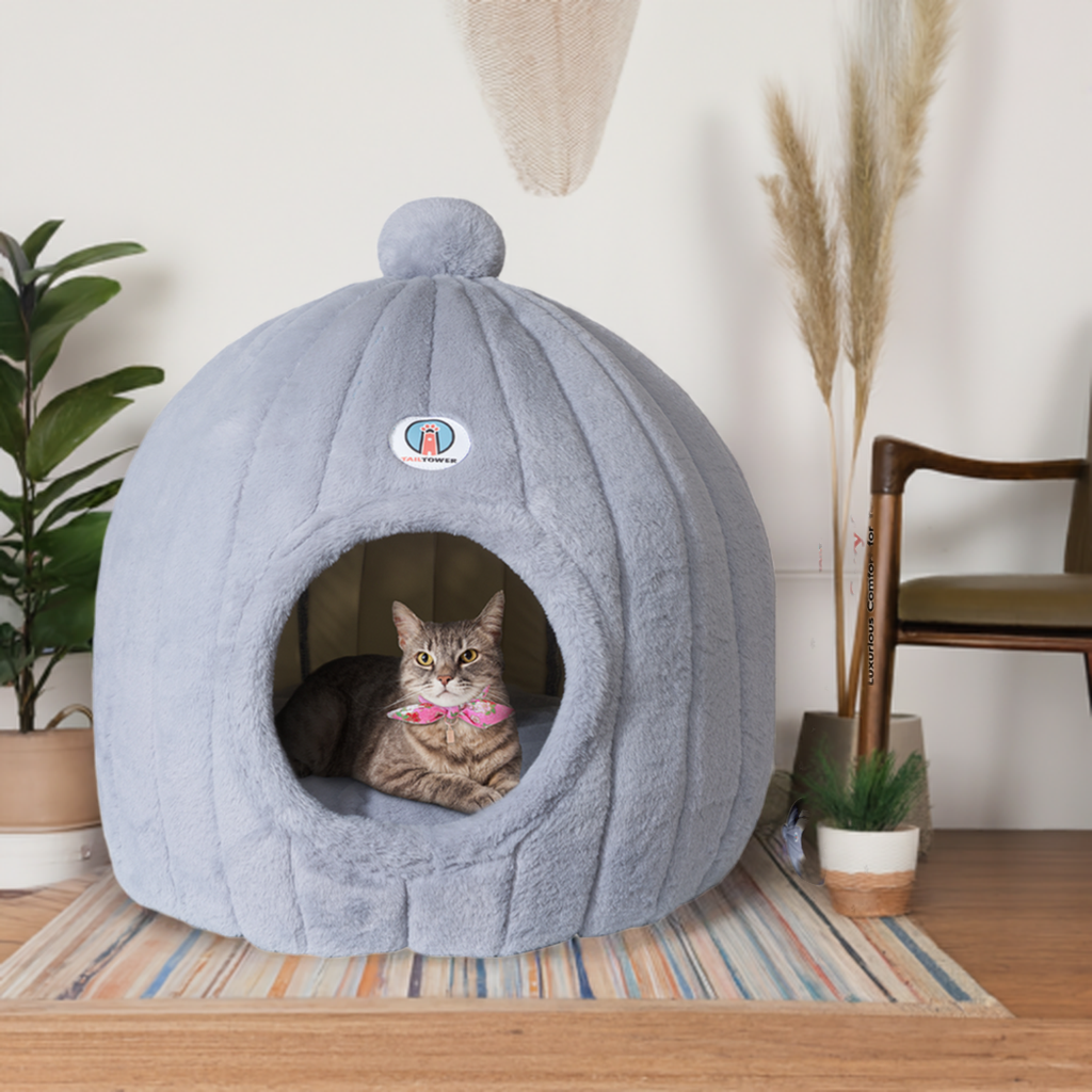 TAILTOWER: Cozy Cat Dome Bed – Luxurious, Eco-Friendly Plush Cave + Free Bowtie