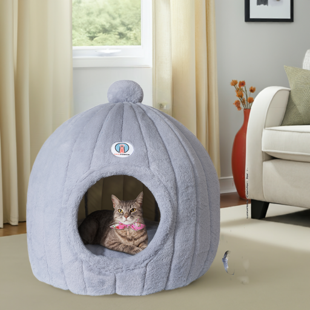 TAILTOWER: Cozy Cat Dome Bed – Luxurious, Eco-Friendly Plush Cave + Free Bowtie