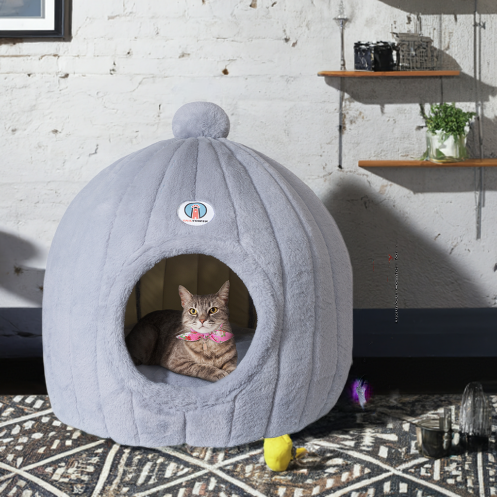 TAILTOWER: Cozy Cat Dome Bed – Luxurious, Eco-Friendly Plush Cave + Free Bowtie